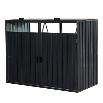 Iron Bin Shed For Garbage - Stores 2 Trash Cans, 63.52 In Deep, , Lockable Outdoor Storage Metal, Charcoal, Depth, ,