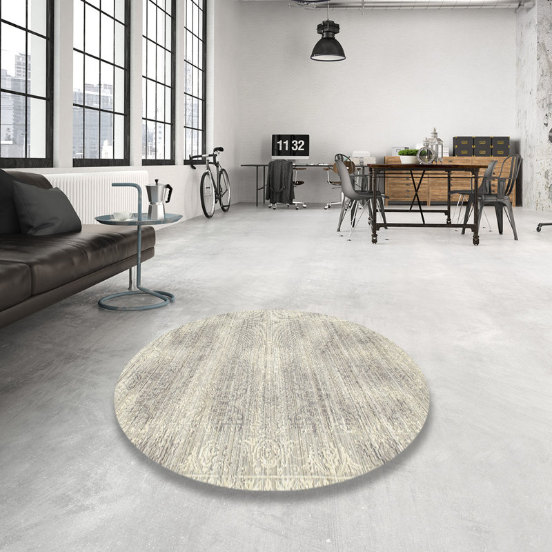 Tapis contemporain beige / gris, Rond 5 pi