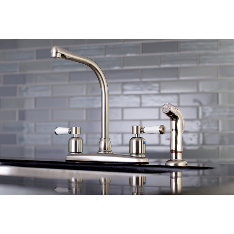 Kingston Brass Paris Two-Handle 4-Hole 8" Centerset Kitchen Faucet with Side Sprayer, Brushed Nickel