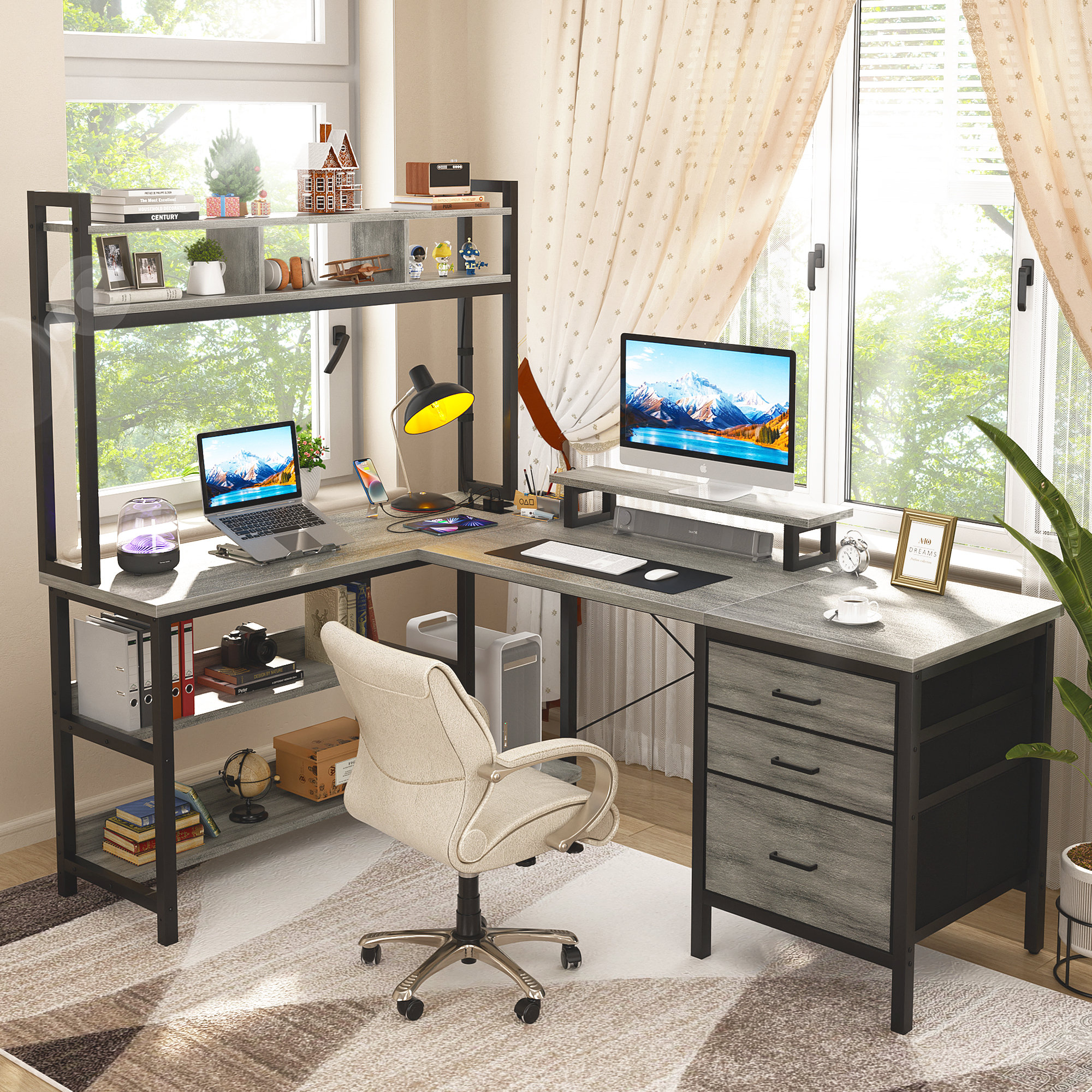 17 Stories Shelburne 58.7'' W L-Shaped Computer Desk with Tall Hutch,Corner Desk & Reviews | Wayfair