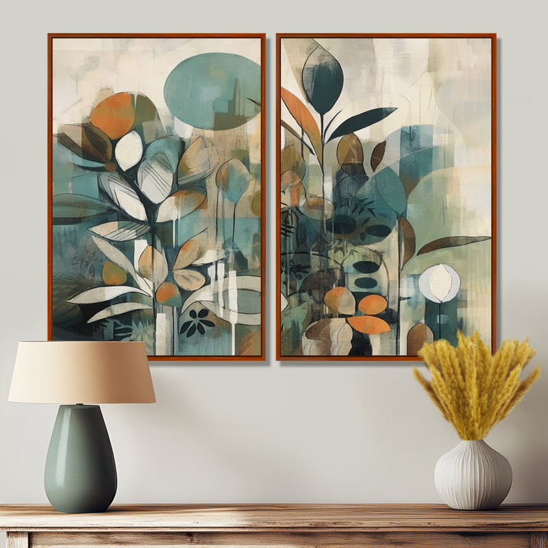 «Orange and Green Abstract Bohemia III», impressions sur toile orange sur 2 panneaux, Brun, H 36 po x l 48 po