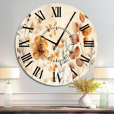 Earth Tone Dried Botanicals - Beige Botanical Large Metal Wall Clock, Printed on Metal