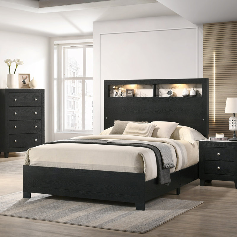 Tête de lit à panneau 1pc avec espace de rangement supplémentaire incliné à DEL, Très grand lit