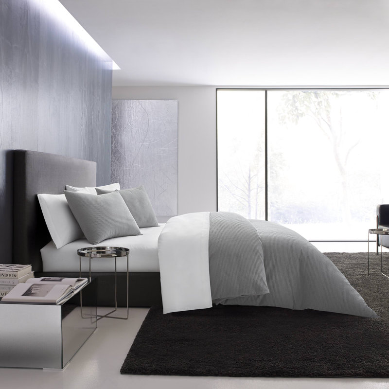 Vera Wang Waffle Pique Cotton Duvet Cover Set, King Duvet Cover + 2 King Shams, Grey