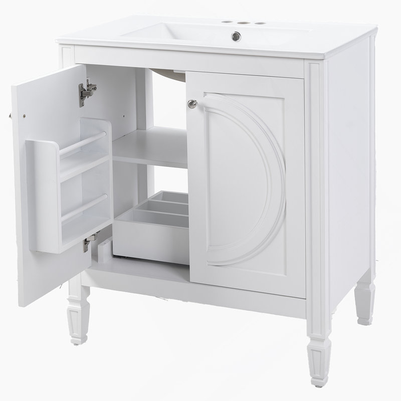 Meuble-lavabo blanc de 30 po sans assemblage requis avec lavabo en céramique, deux portes à fermeture en douceur et tablette réglable, style campagne moderne