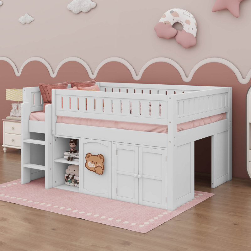 Lit mezzanine double avec armoire de rangement, Blanc