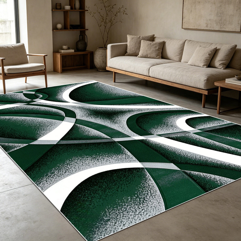 1PC Modern Abstract Swirl Curved Geometric Dark Green & Silver Textured area rugs for Living Room, Soft and Comfortable, Suitable for all seasons, easy-to-maintain, machine washable Indoor floor mat, Under Table Farmhouse suitable for dining room,