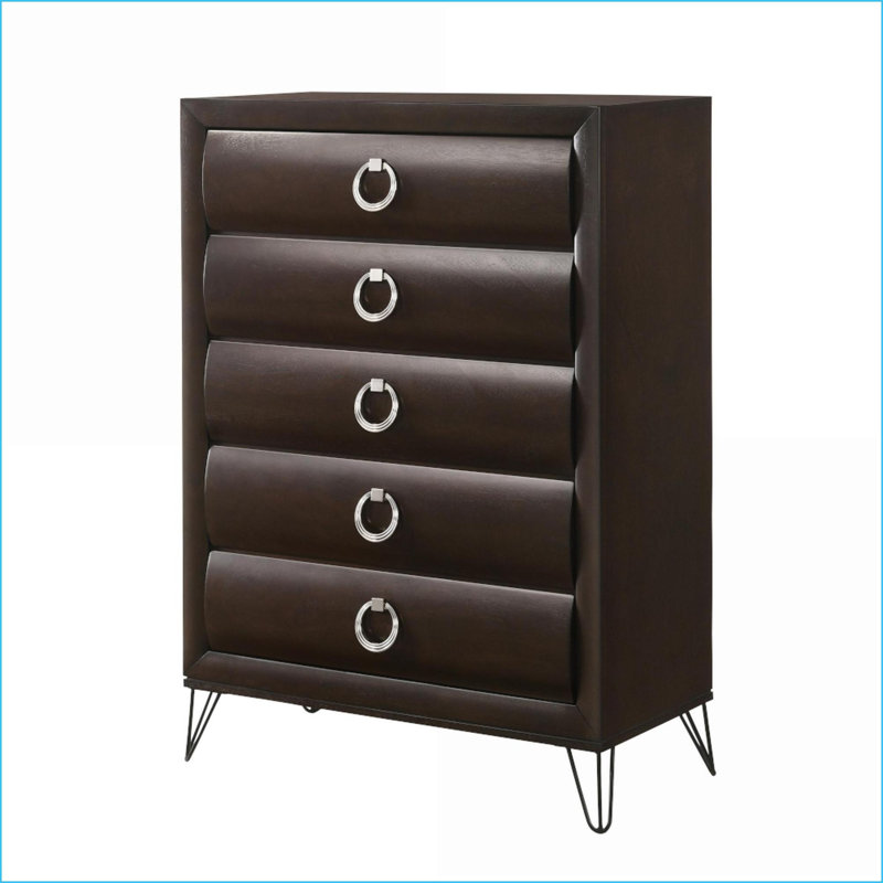 Commodes et amp; Commode 5 tiroirs Merlot foncé avec pieds en V en métal | Brun foncé | Bois synthétique