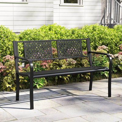 Outdoor Bench 50 Inches Garden Bench with Patterned Backrest and Curved Armrests