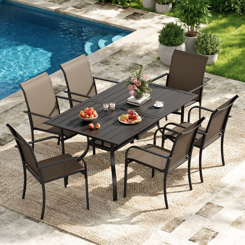 Behrens 6-Person Patio Dining Set with Rectangular Metal Dining Table and Stackable Textilene Armrest Chairs (Black), Brown