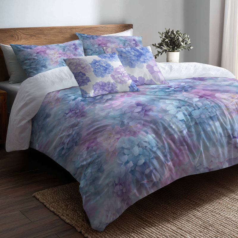 French Country Bedding Set Of 5 - Lavender Pastel Hydrangea Dream Duvet Cover And Throw Pillow Set