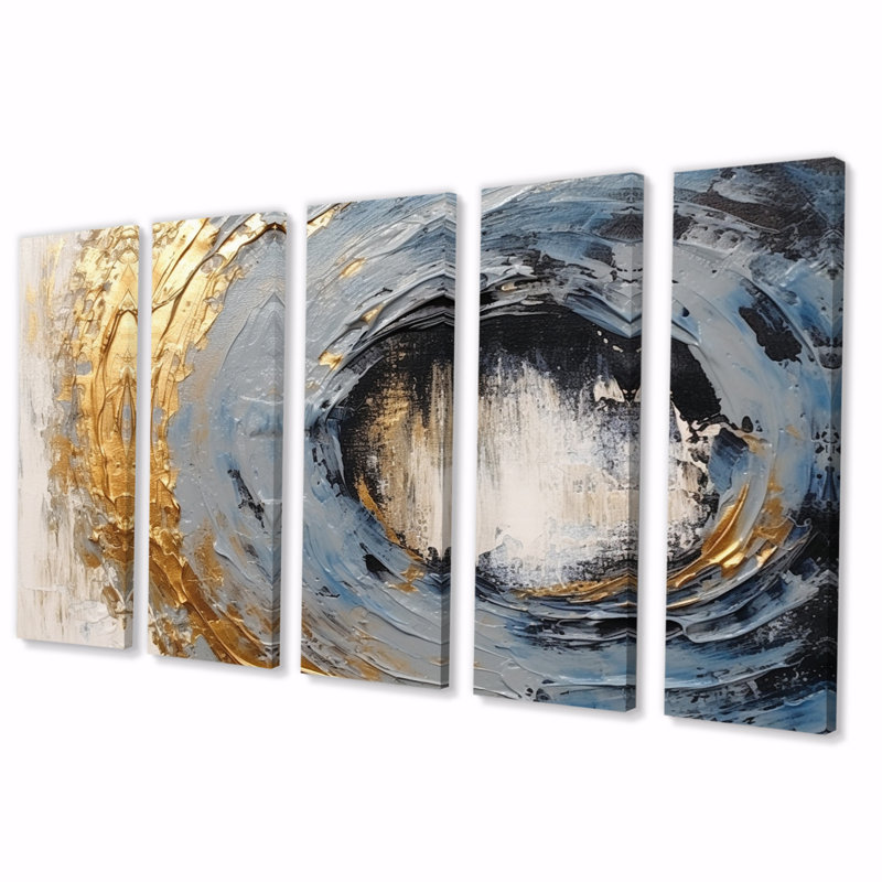 «Gold and Blue Vibrant Spirals I», reproduction d'art abstrait spirales abstraites - 5 panneaux égaux