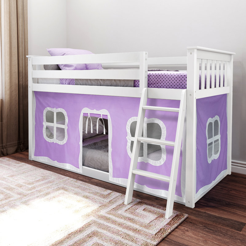 Mendelson Kids Low Bunk Bed with Curtain, White, Purple