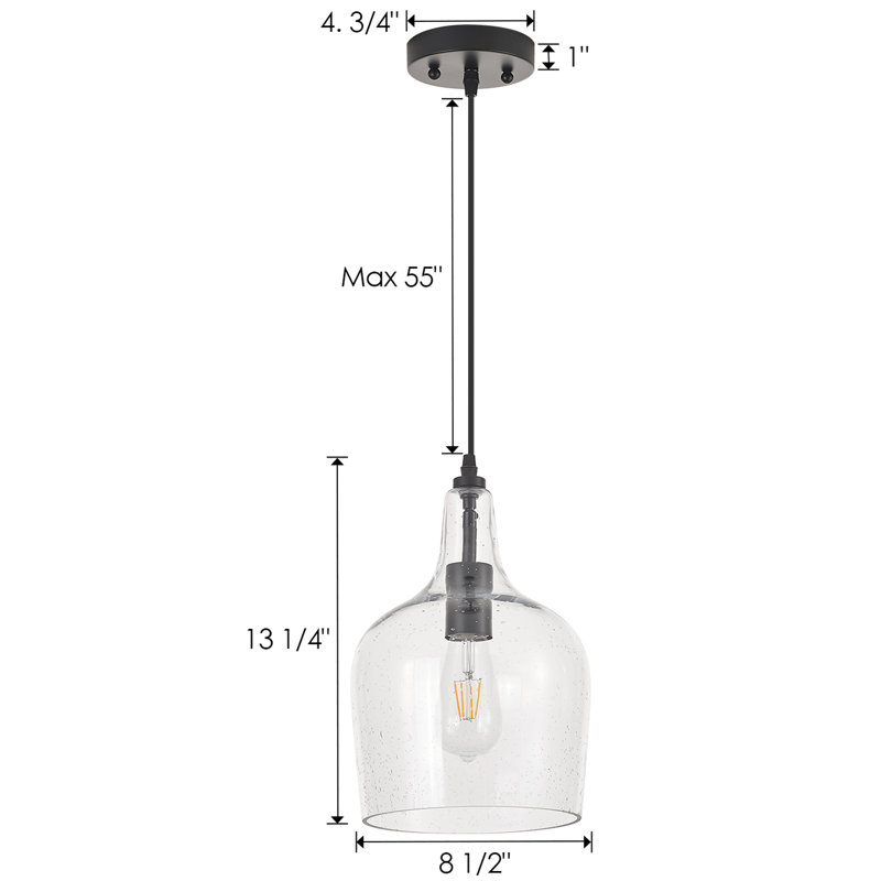 Luminaire suspendu simple à 1 lumière avec abat-jour en verre bullé de 8,5 po de diamètre