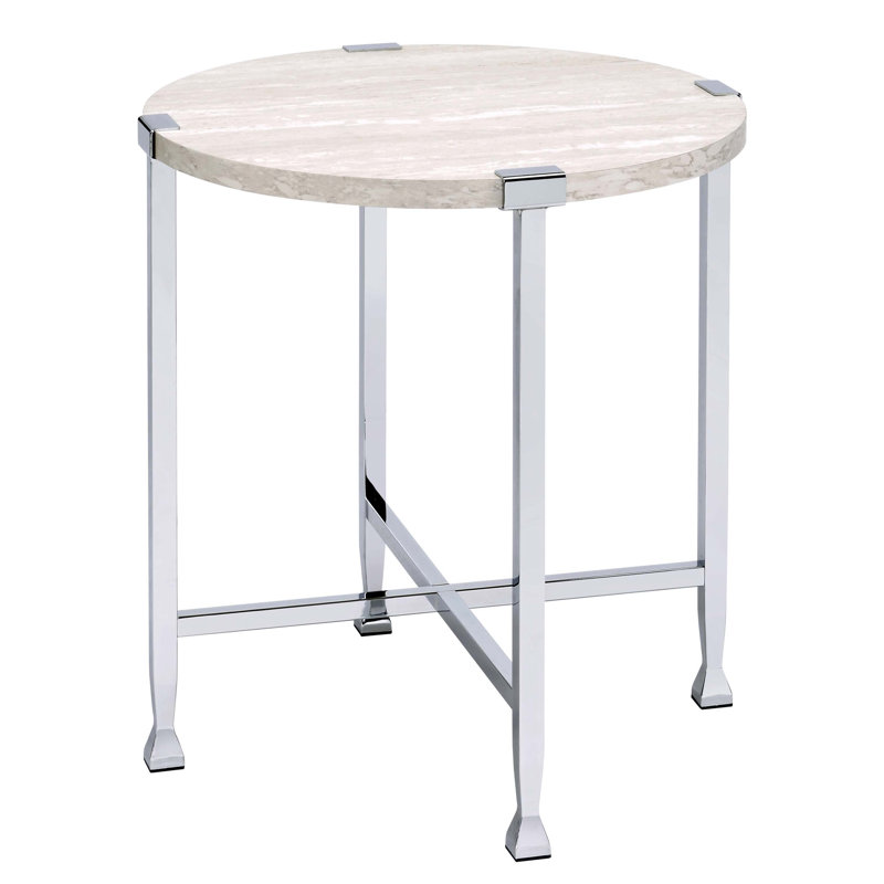 White Oak and Chrome End Table with X Shape Base