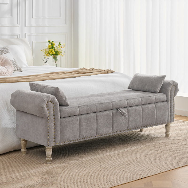 Lunara 66" W Bedroom Storage Bench End of Bed King Size with Nailhead Trim,Roll Arms,Hidden Dual Pockets and 2 Pillows, 66