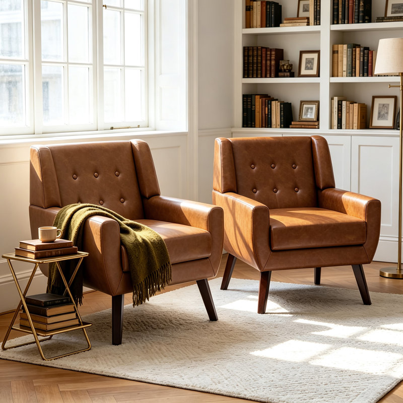 Jaqueze Upholstered Brown Faux Leather Tufted Square Arm Accent chair, Brow Faux Leather