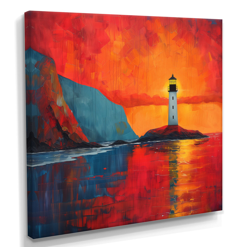 Décoration de phare orange et bleu côtier, phare, coucher de soleil II - phares, H 16 po x l 16 po, Toile tendue