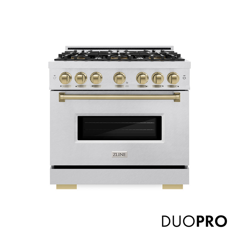 ZLINE Autograph 36 in. Classic Gas DuoPro Range in Satin Steel and Champagne Bronze Accents, Satin Stainless Steel, Dual Fuel