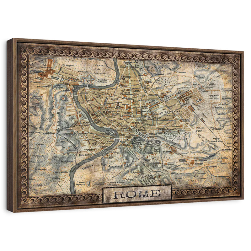 Carte rétro de la ville de Rome, Cadre flottant noyer, 31 po x 21 po