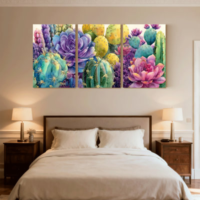 Plantes et fleurs, cactus colorés et plantes grasses, ensemble de 3 impressions sur toile