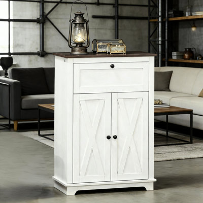 Armoire de rangement moderne avec style, motif brun foncé, poignées rétro, portes en X sur support, grand rangement, tablette réglable, quincaillerie de basculement, surface en panneau de particules, buffet de 23,5 po de large
