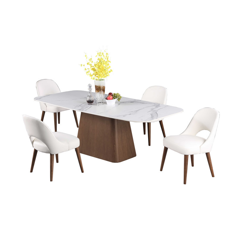 Kenza Modern Marbleized White Glass Dining Table with Wooden Base