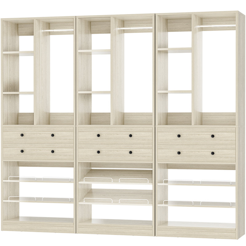 Système d'organisation 84 po avec tiroirs et tablettes, H 80 po x l 84 po x P 16 po, Chêne blanchi