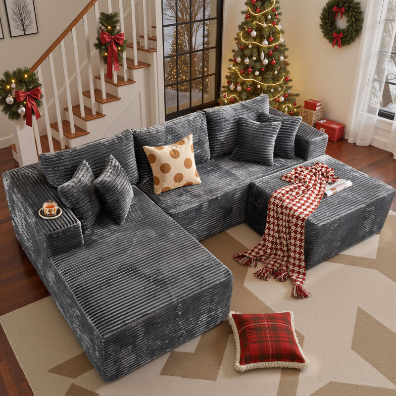Navarrie 2 - Piece Upholstery Boneless Compression Sofa, No Assembly Required Sectional, Gray Plus Corduroy