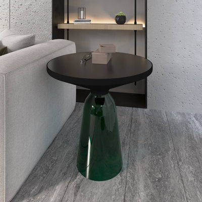 19" Round Side End Table Glass/Sintered Stone Top With Powder-Coated Black Rim And Tempered Glass Base