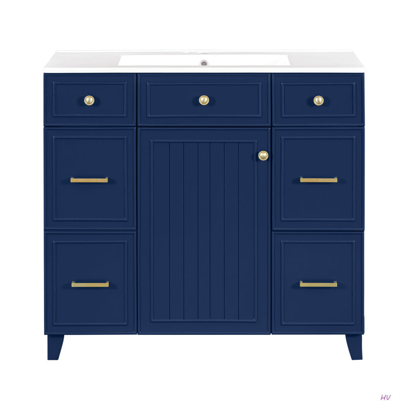 Meuble-lavabo de 36 po avec cadre en bois massif de lavabo en céramique, portes à fermeture en douceur, tablettes réglables, 3 tiroirs, y compris un tiroir à double profondeur pour le rangement du sèche-cheveux