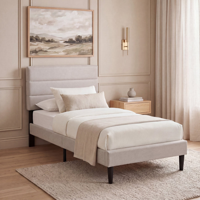 Modern Linen Effect Fabric Bed Frame with Adjustable Headboard for Bedroom Furniture, Single (3'), Beige