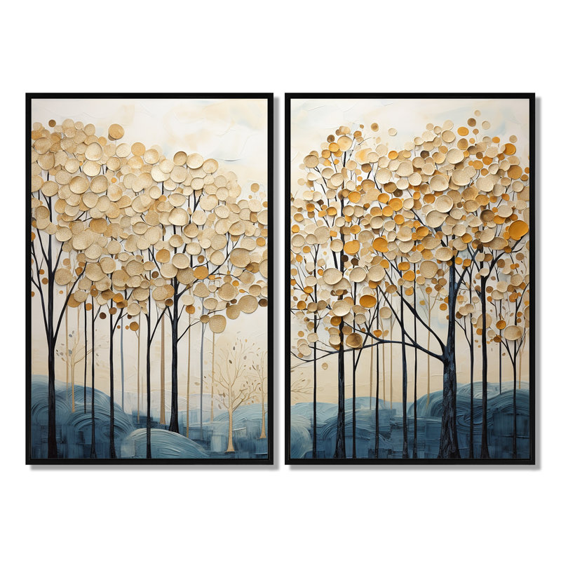 Minimalisme, arbres dorés et bleus scène IV - impressions sur toile traditionnelles beiges, Noir, H 36 po x l 48 po