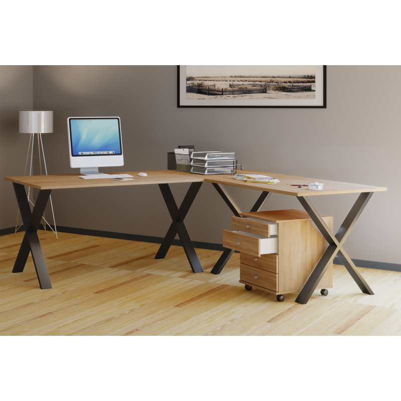 Edford L-Shaped Metal Base Writing Desk, 76cm H x 160cm W x 50cm D, Brown / Black