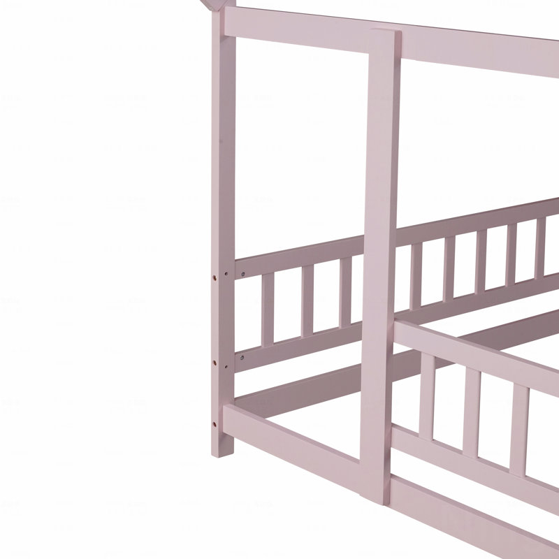 Full Size House Floor Wooden Frame Materialen Bed Frame With Roof Frame, Safety Guardrails, Full, Pink
