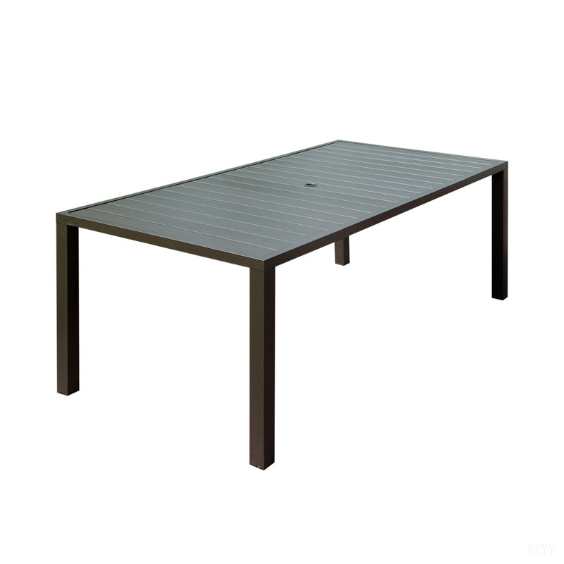 Table de salle à manger d'extérieur, table de patio à lattes en métal pour terrasse de jardin avec trou pour parasol, brun