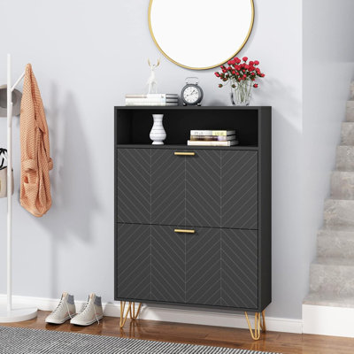 Tipping Bucket Shoe Storage Cabinet With 2 Flip Drawers, Modern Entryway Shoe Rack With Storage Top Cubby, Narrow Slim Hidden Organizer With Doors, Freestanding (Black)