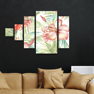 «5 Hibiscus Motif», art mural sur toile 5 panneaux pour décor de salon, de chambre à coucher ou de bureau 