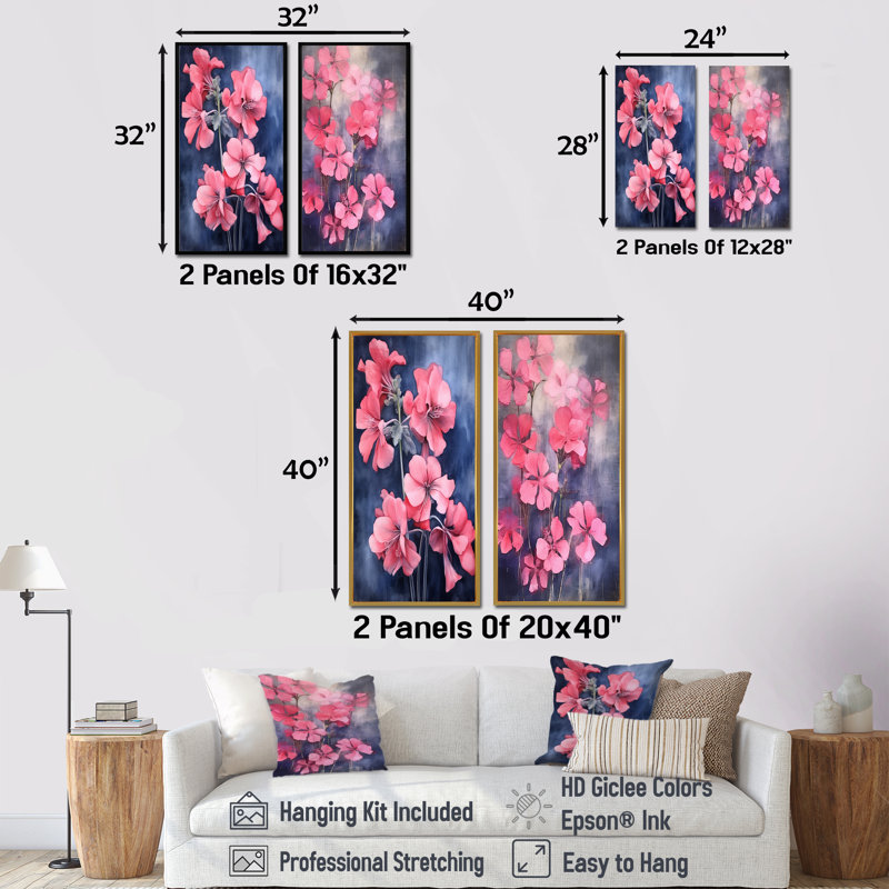 «Blue and Pink Geranium Minimal Expression - Geraniums», ensemble d'art mural sur toile, H 28 po x l 25 po, Toile tendue
