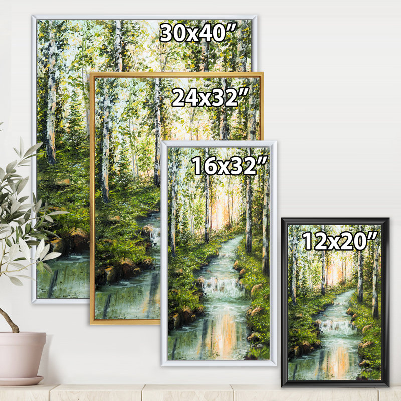 Rivière à travers forêt de bouleaux - cadre flottant, peinture sur toile, H 40 po x l 30 po x 1,5 po, Toile blanche encadrée