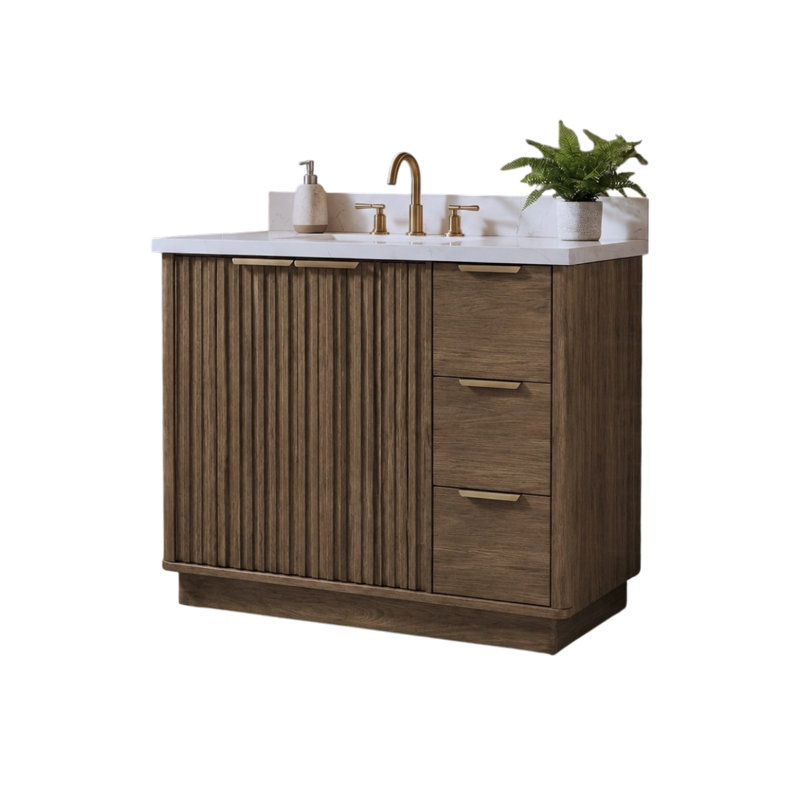 Meuble-lavabo cannelé 36 po avec comptoir en quartz et lavabo en porcelaine - noyer 36 po, 36", Walnut