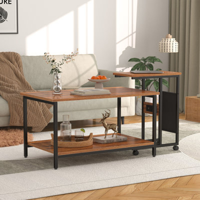 Summerall Nesting Coffee Table Set Of 2, Rectangle Center Table And C Shaped End Table With Charging Station & Side Pouch For Living Room, Bedroom Sma