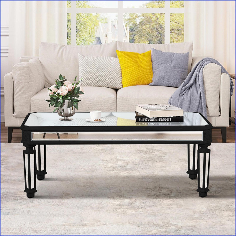 Table basse noire rétro sculptée pour salon - facile à nettoyer, robuste, 48 po x 24 po x 18 po