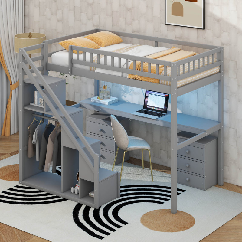 Twin Size Loft Bed Frame With Storage Staircase, Desk, 2-Storage Chest With Drawer, LED, Gray