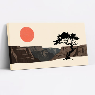 Tableau sur toile tendue représentant un paysage désertique avec arbre et soleil (lot de 1)