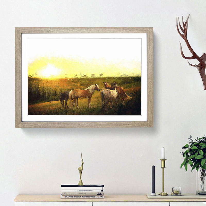 Sunset over the Horses - Picture Frame Painting Print, 36cm H x 48cm W x 2cm D, Oak Framed