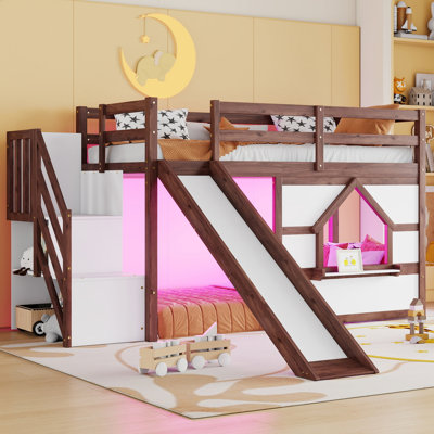 Lit mezzanine simple en bois massif pour enfants avec escalier de rangement, glissade, fenêtre de maison de jeu et lumières DEL 7 couleurs