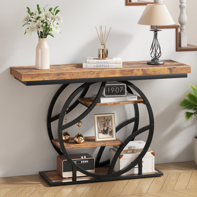 Console de style ferme moderne avec structure circulaire en métal, plateau en bois et étagères de rangement ouvertes pour le salon, la chambre à coucher et le couloir.