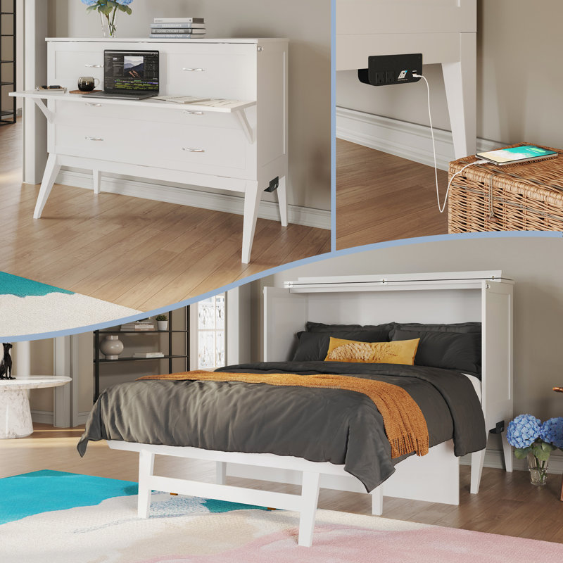 Anuhya Solid Wood Murphy Bed Desk with 6" Mattress and Built-in Charging Station, White