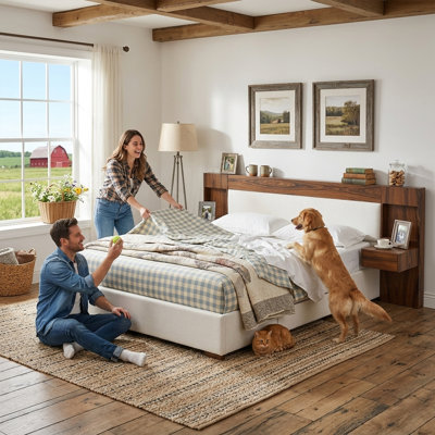King Linen Upholstered Platform Bed with Built-in Nightstands & 2 Large Storage Drawers & Wood Grain Storage Headboard, No Box Spring Needed, Cream